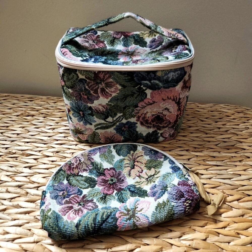 Set of 2 Tapestry Floral Travel bags for Toiletries Cosmetics Vintage